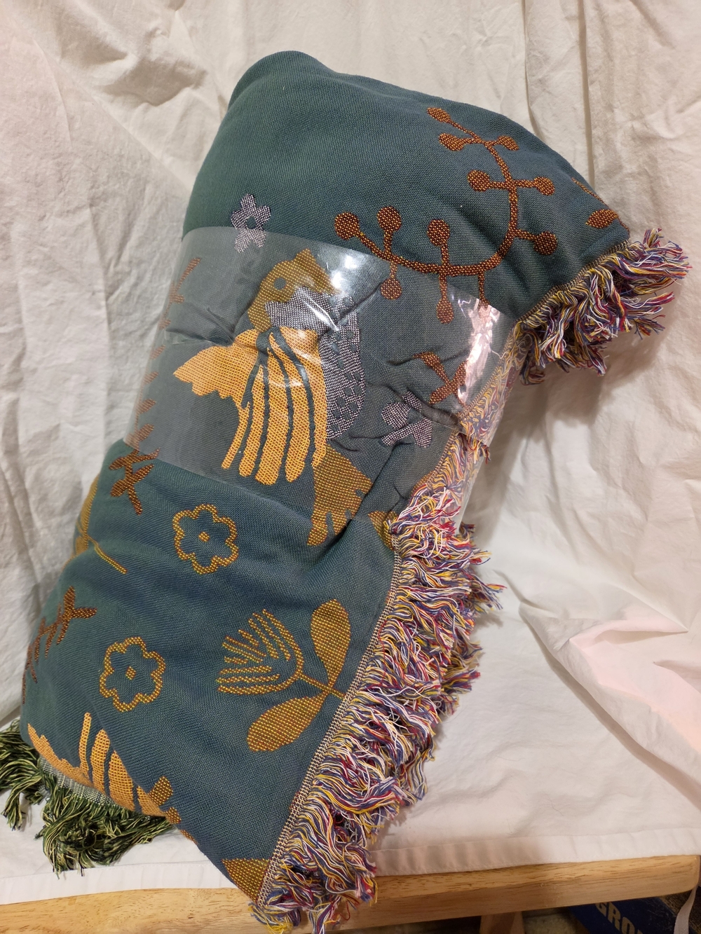 Embroidered Floral Teal Throw Blanket with Multicolor Fringe